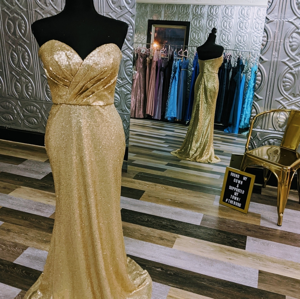 LAST CHANCE Bari Jay Gold Sequin Sweetheart Gown